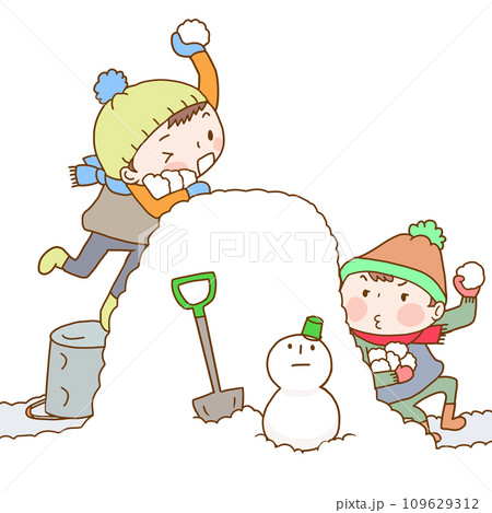 雪だるまと雪合戦する子供2人 109629312