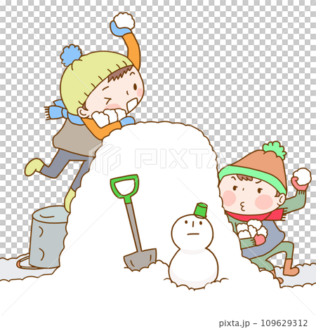兩個孩子和雪人打雪仗 109629312