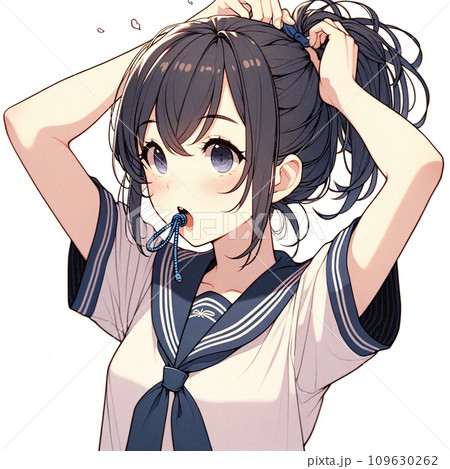 ポニーテールにしようとしているセーラー服の女の子のイラスト素材