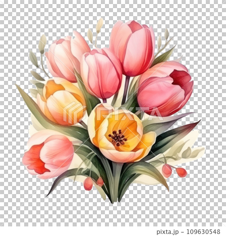 cute watercolor tulip flower bouquet in basket isolated cute watercolor tulip flower bouquet in basket isolated 109630548