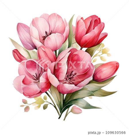cute watercolor tulip flower bouquet in basket isolated 109630566