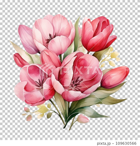 cute watercolor tulip flower bouquet in basket isolated 109630566