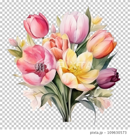cute watercolor tulip flower bouquet in basket isolated cute watercolor tulip flower bouquet in basket isolated 109630573