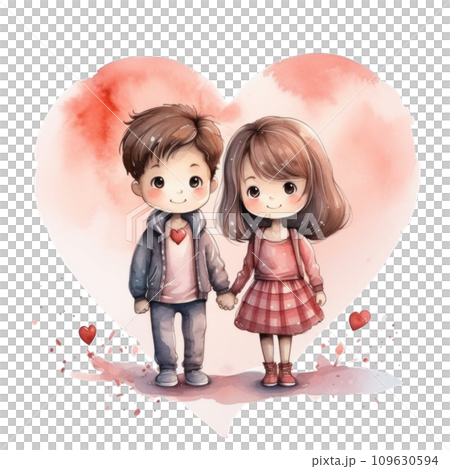 cute watercolor cartoon couple with heart isolated cute watercolor cartoon couple with heart isolated 109630594