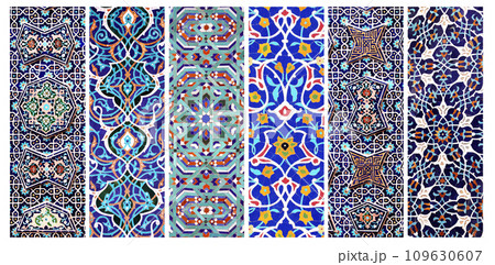Set of vertical or horizontal banners with detail of ancient mosaic walls with floral and geometric ornaments. Collection of backgrounds with traditional iranian tile decorations 109630607