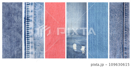 Set of vertical or horizontal banners with denim texture of different colors. Light blue, blue, coral and navy color denim jeans fabric material. Copy space for text Set of vertical or horizontal banners with denim texture of different colors. Light blue, blue, coral and navy color denim jeans fabric material. Copy space for text 109630615