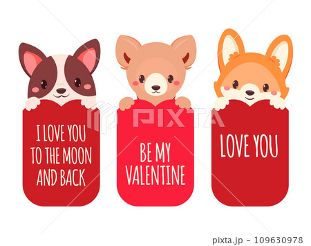 Set of Valentine's day cards with cute dogs. Baby collection of gift tag with animal. Template holiday banner, sticker for decoration, congratulation, invitation. Vector EPS8 109630978