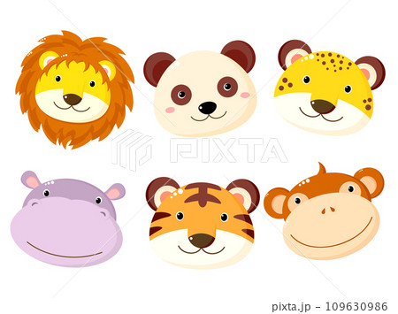Set of kawaii member icon. Stickers with cute cartoon panda, hippo, lion, leopard, tiger, monkey. Baby collection of avatar with animals. Vector illustration EPS8 109630986