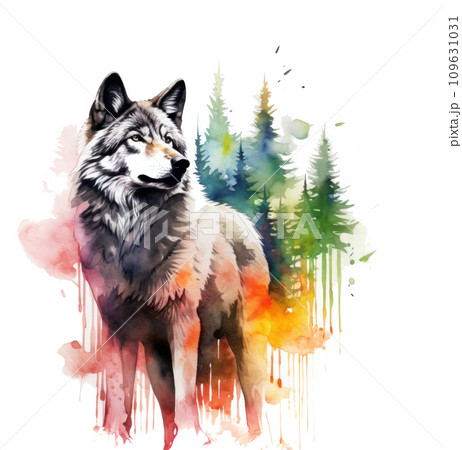 wolf with watercolor pattern isolated 109631031