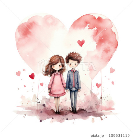 cute watercolor couple with heart isolated 109631119