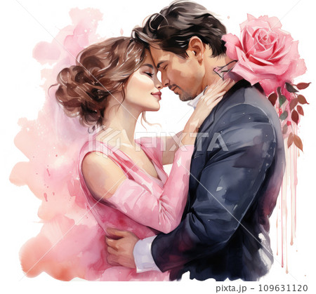 a pink rose painted man and woman kissing on 109631120
