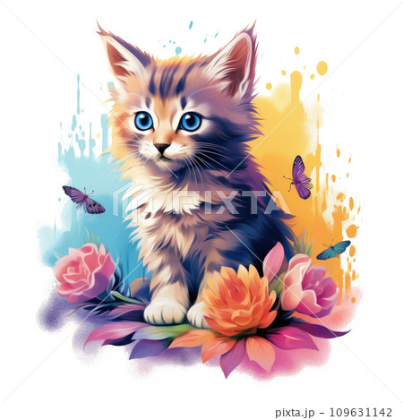 a rainbow kitten sitting on top of a flowerのイラスト素材 