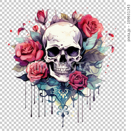 a watercolor skull and flowers, with a red rose on it a watercolor skull and flowers, with a red rose on it 109631343