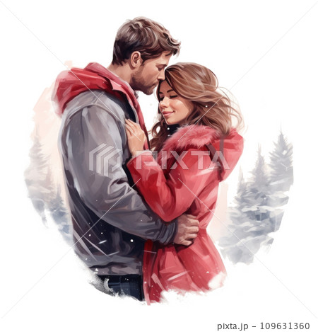 the painting shows a man and woman hugging together 109631360