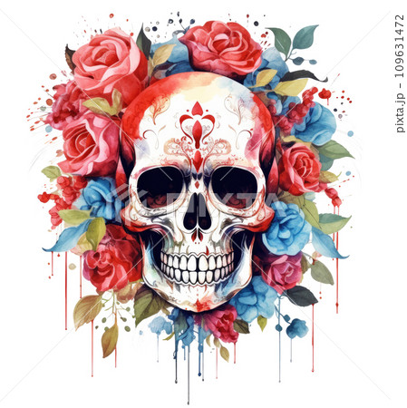 a watercolor skull and flowers, with a red rose on it 109631472