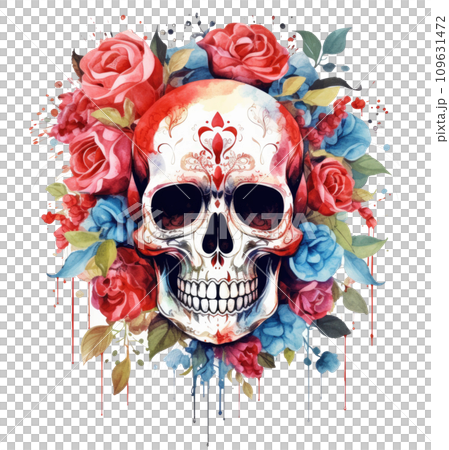 a watercolor skull and flowers, with a red rose on it 109631472
