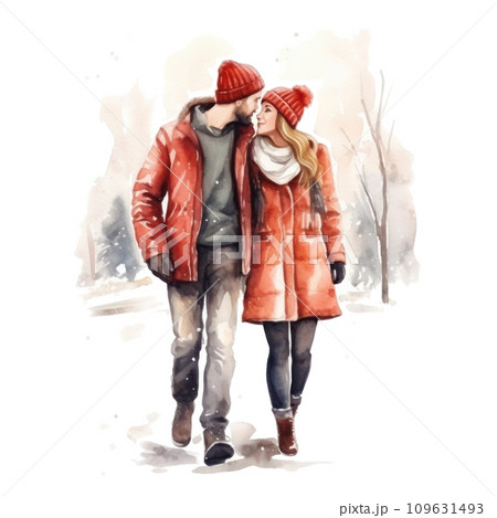 watercolor illustrations with a couple in winter clothing watercolor illustrations with a couple in winter clothing 109631493