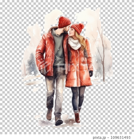watercolor illustrations with a couple in winter clothing watercolor illustrations with a couple in winter clothing 109631493