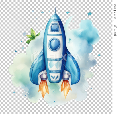 a blue and white space rocket is painted and surrounded by stars, isolated 109631568