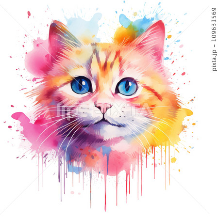 a cat in watercolor with little splashes on his fur, a cat in watercolor with little splashes on his fur, 109631569