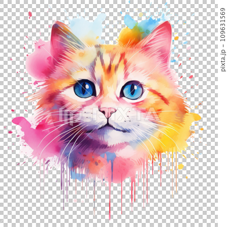 a cat in watercolor with little splashes on his fur, a cat in watercolor with little splashes on his fur, 109631569