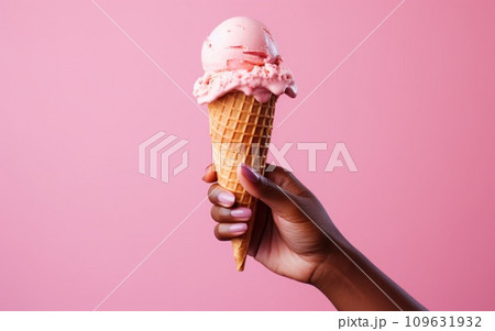 a woman's hand holding a pink ice cream cone against a pink background 109631932