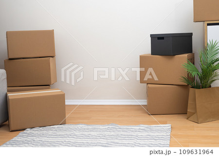 Numerous cardboard boxes of different sizes for things stand on floor with carpet near wall prepared by young family for moving to new apartment in another city Numerous cardboard boxes of different sizes for things stand on floor with carpet near wall prepared by young family for moving to new apartment in another city 109631964