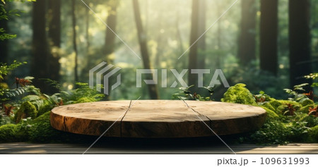 a wooden platform floating in the forest a wooden platform floating in the forest 109631993