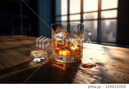 a glass of a whisky sitting inside of a dark scene 109632008