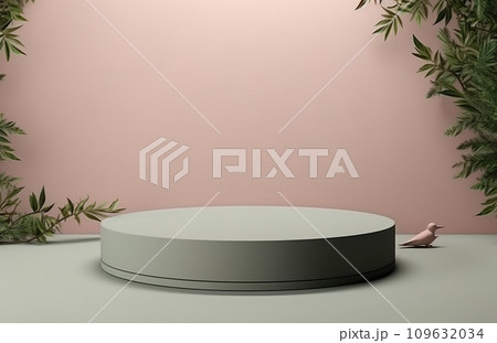 a gray round pedestal with green foliage near a green table, a gray round pedestal with green foliage near a green table, 109632034