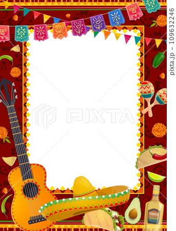 Mexican holiday frame with sombrero, guitar and maracas, vector background. Mexican fiesta of Cinco de Mayo border frame with papel picado flags, tequila, taco and chili jalapeno peppers and flowers 109632246