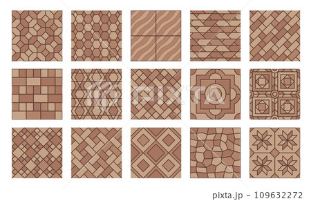 Brown pavement top view patterns, street cobblestone and garden sidewalk tiles, seamless vector. Stone bricks pavement patterns of terracotta tiles with mosaic cubic and geometric floral pattern 109632272