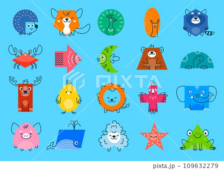 Cartoon animal characters with math shapes. Hedgehog, fox, peacock, snail, raccoon and crab, fish, bear, turtle rectangle, circle, triangle and cube, ellipse, pentagon shapes vector funny personages 109632279