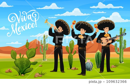 Viva Mexico banner with Mexican mariachi musicians in Mexican desert, vector background. Mexican music band men in sombreros with guitar, maracas and trumpet playing mariachi music for holiday fiesta 109632366