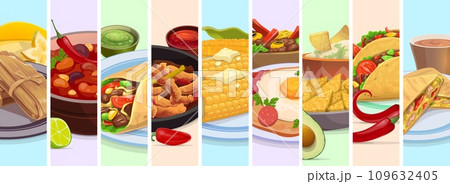 Mexican cuisine food collage of Tex Mex meals and dishes, vector background. Mexico cuisine burrito, taco and quesadilla with tamale and nachos chips or avocado guacamole for kitchen collage Mexican cuisine food collage of Tex Mex meals and dishes, vector background. Mexico cuisine burrito, taco and quesadilla with tamale and nachos chips or avocado guacamole for kitchen collage 109632405