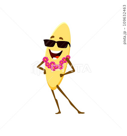 Cartoon cheerful orzo pasta character on summer beach vacation. Isolated vector personage, adorned with sunglasses and floral garland, enjoys a sunny day, basking in the sun with a big, joyful smile Cartoon cheerful orzo pasta character on summer beach vacation. Isolated vector personage, adorned with sunglasses and floral garland, enjoys a sunny day, basking in the sun with a big, joyful smile 109632463