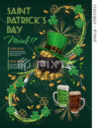 St Patricks Day vertical poster with clover, shamrocks, text, pot full of coins. Dynamic whirl, swirl with smudge paint strokes, scattered confetti, golden dust. Holiday illustration in vintage style. St Patricks Day vertical poster with clover, shamrocks, text, pot full of coins. Dynamic whirl, swirl with smudge paint strokes, scattered confetti, golden dust. Holiday illustration in vintage style. 109633012
