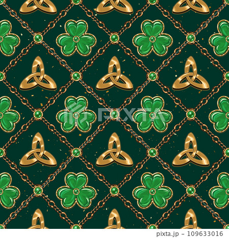 Geometric St Patricks day pattern with jewelry chains, shiny celtic triskele sign, clover, shamrock like jewelry pendant made of green enamel in golden frame. Classic square diagonal grid. 109633016