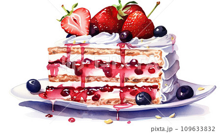 Sponge cake with cream and fresh berries close-up in watercolor style. Sponge cake with cream and fresh berries close-up in watercolor style. 109633832