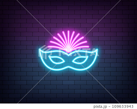 Outline neon carnival mask icon, blue purple. Glowing neon Carnival mask sign with feathers on brick wall. Festival costume and face decoration. Face mask for Venice masquerade. Vector icon 109633943