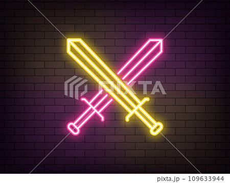 Outline neon sword battle, yellow pink icon. Glowing neon crossed swords sign, gaming battle arena. Royal sword fight, gladiator battle, game medieval civilization with warrior clash. Vector icon 109633944