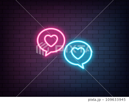 Outline neon love chat, pink blue vector icon. Glowing neon bubble messages with heart, online dating chat. Love communication, romantic talk, dating app. Private date service, love conversation 109633945