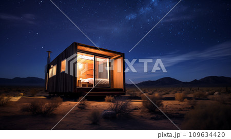 AI-generated content. Small cabin in the desert under the starry night sky, the tiny home concept 109634420