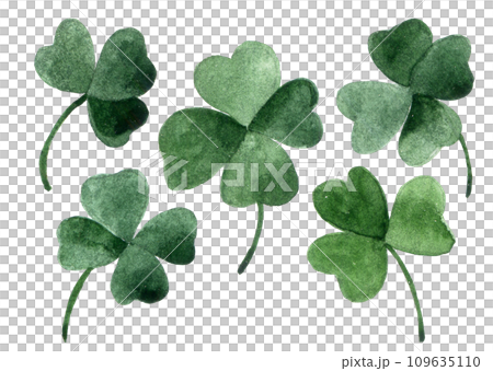 watercolor drawing, set of green four-leaf clover leaves. decoration for st. patrick's day. 109635110