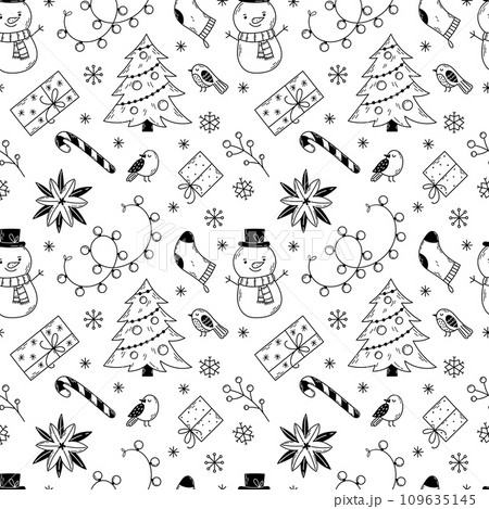 Seamless vector Christmas pattern with gifts, toys, snowmen, socks and Christmas trees drawn in doodle style. Seamless vector Christmas pattern with gifts, toys, snowmen, socks and Christmas trees drawn in doodle style. 109635145