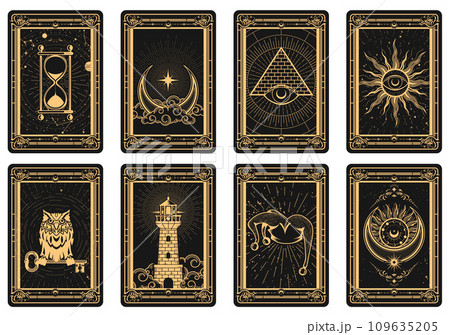 Tarot cards batch reverse side, magic frame with esoteric and mystic symbols, sun and lighthouse 109635205