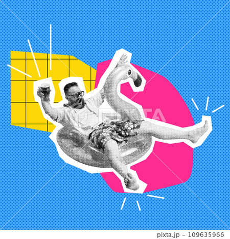 Happy cheerful man swimming in swimming circle with glass of beer over colorful background. Celebration, vacation. Contemporary art collage. 109635966