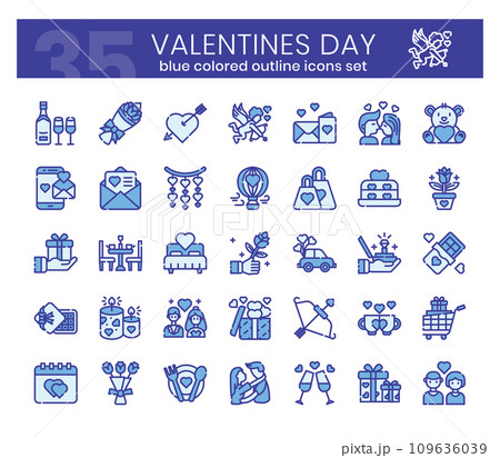 Valentines' day Icons Bundle. Blue colored outline icons style. Vector illustration 109636039