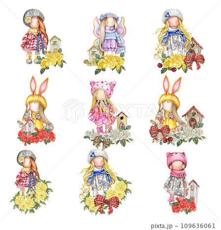 Composition of doll Tilda in dress and dahlia and roses flowers. Hand drawn watercolor illustration. Design for baby shower party, birthday, cake, holiday celebration design, greetings card, invitatio 109636061