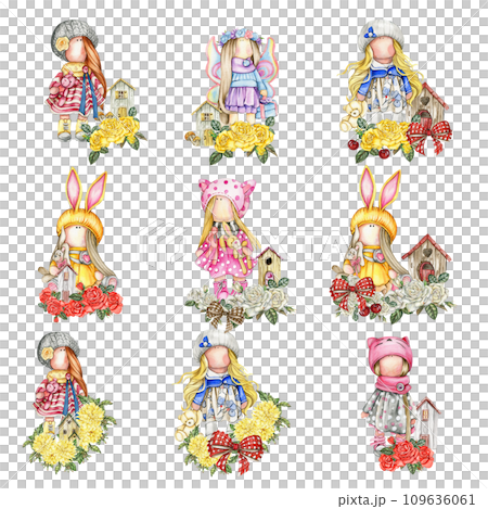 Composition of doll Tilda in dress and dahlia and roses flowers. Hand drawn watercolor illustration. Design for baby shower party, birthday, cake, holiday celebration design, greetings card, invitatio 109636061